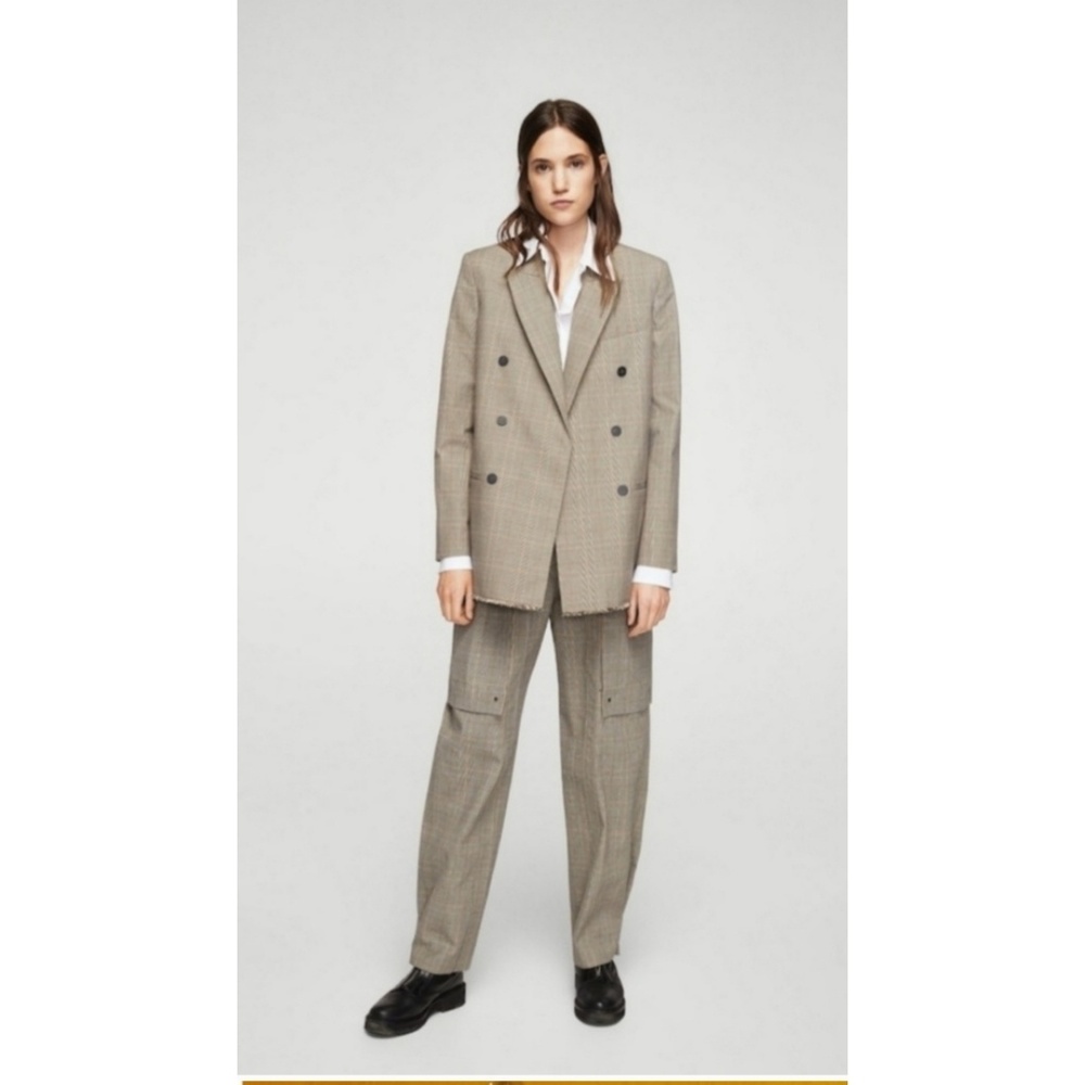 Mango Double-Breasted Plaid Blazer in Taupe with Subtle Orange Windowpane - Picture 7 of 8